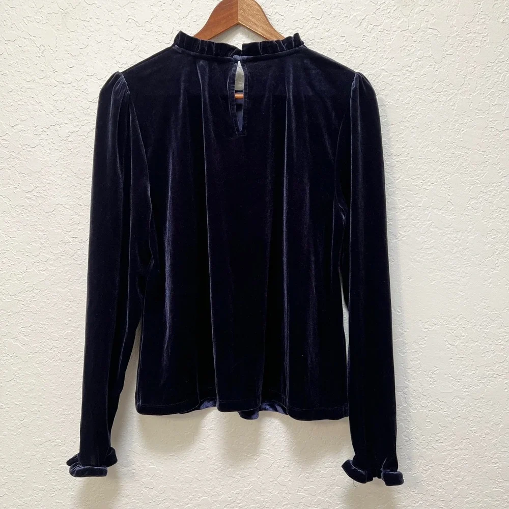 Boden Navy Blue Velvet Ruffle Neck Long Sleeve Top Blouse US 12 Luxe Festive
